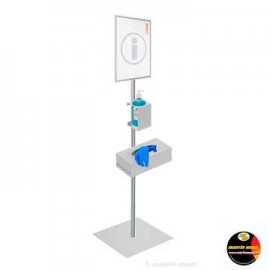 Suport dispensador de gel hidroalcohòlic, guants i senyalització per a la COVID-19