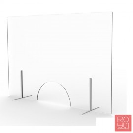 Mampara mostrador de vidre amb finestreta i peus de metall