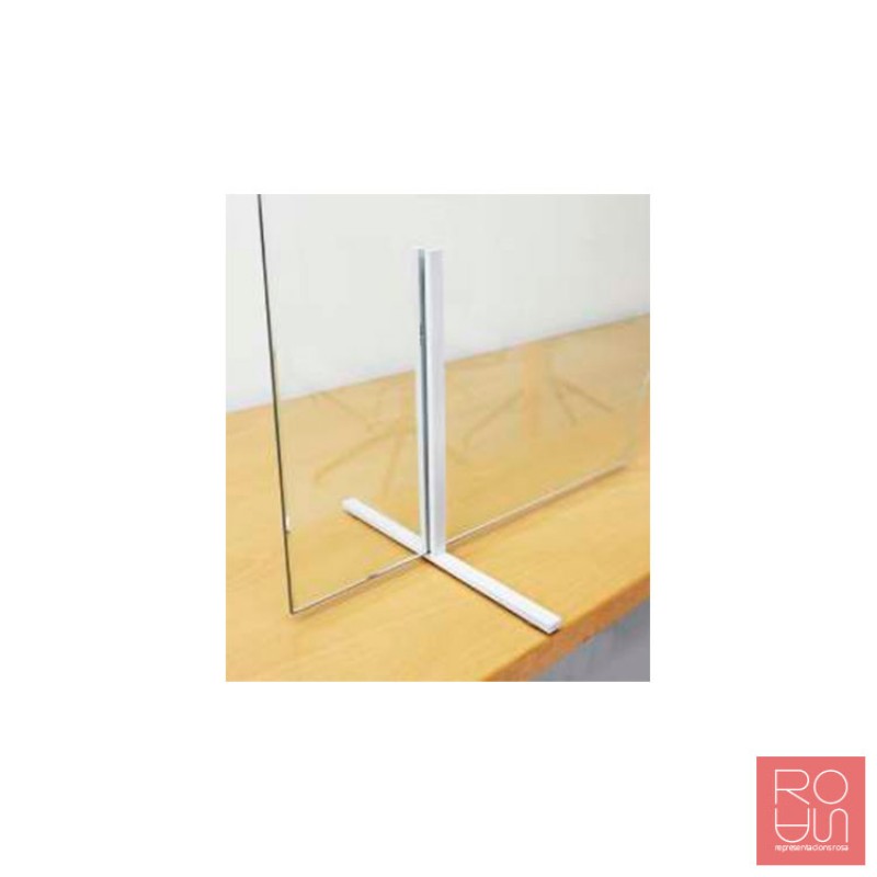 Mampara mostrador de vidre amb finestreta i peus de metall